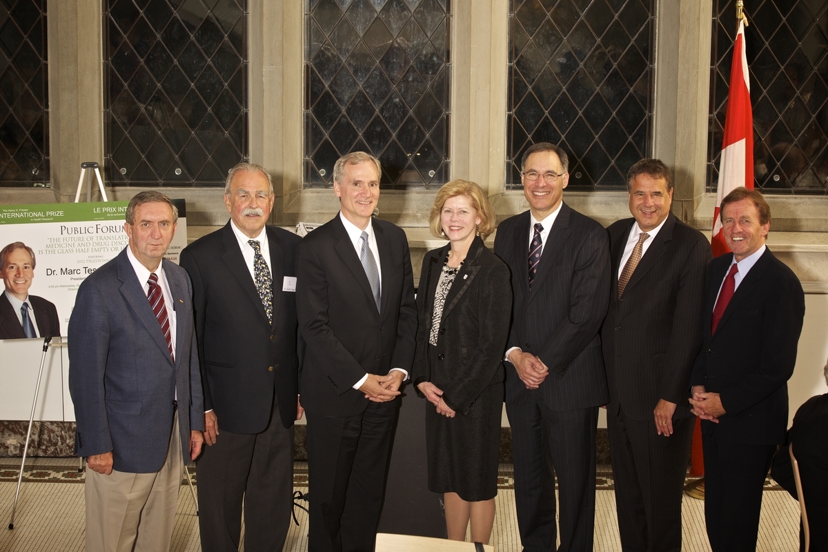 2012 Friesen Prize Program in Ottawa - Left to Right: Dr. Tom Marrie, President of CAHS; Dr. Aubie Angel, President of FCIHR; 2012 Friesen Prizewinner Dr. Marc Tessier-Lavigne, President of Rockefeller University; Dr. Catharine Whiteside, Dean of Medicine at University of Toronto; Dr. David Eidelman, Dean of Medicine at McGill University; Dr. Alain Beaudet, President of CIHR; Mr. Allan Rock, President of University of Ottawa