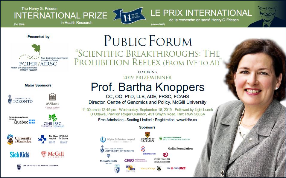 POSTER - 2019 Friesen Prize Lecture at U Ottawa - Prof Bartha Knoppers - September 18, 2019