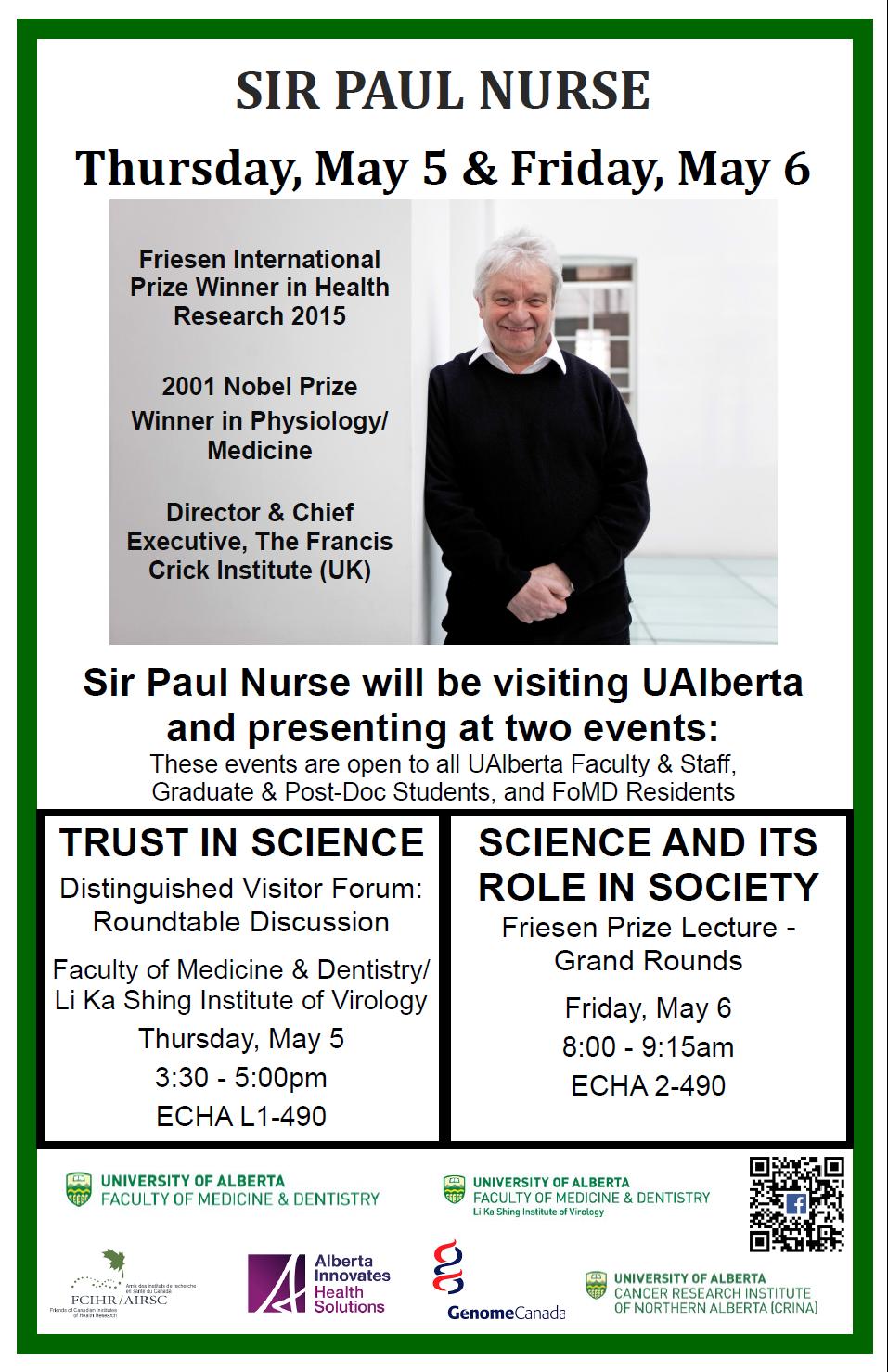 POSTER - U Alberta - via Emily Hoffman - Received on April 20, 2016 - Sir Paul Nurse visit poster