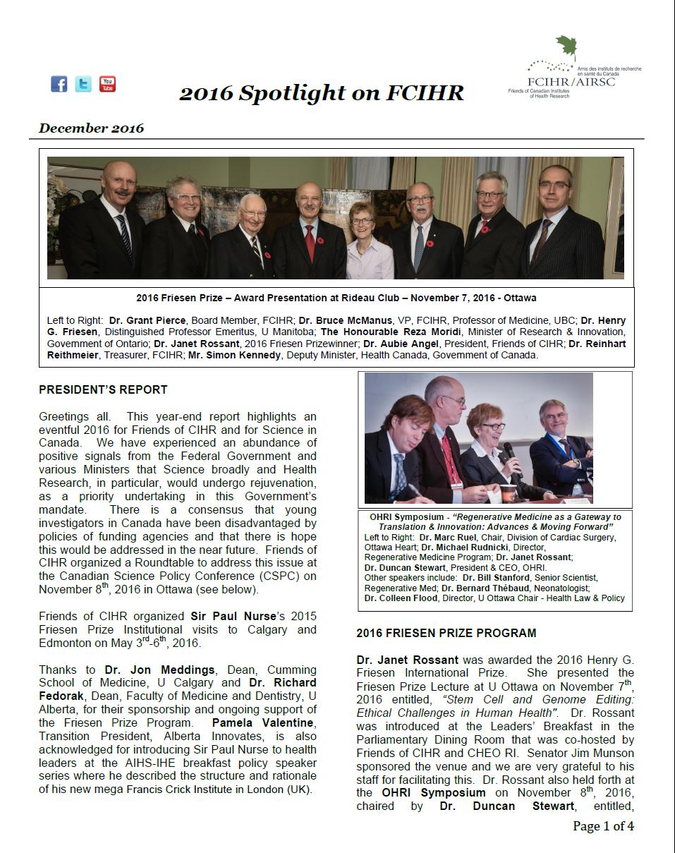 2016 Spotlight Newsletter - FCIHR - As of December 15, 2016