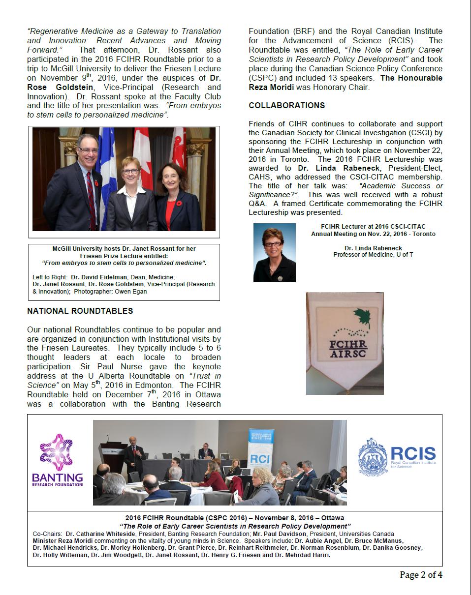 2016 Spotlight Newsletter - FCIHR - As of December 15, 2016