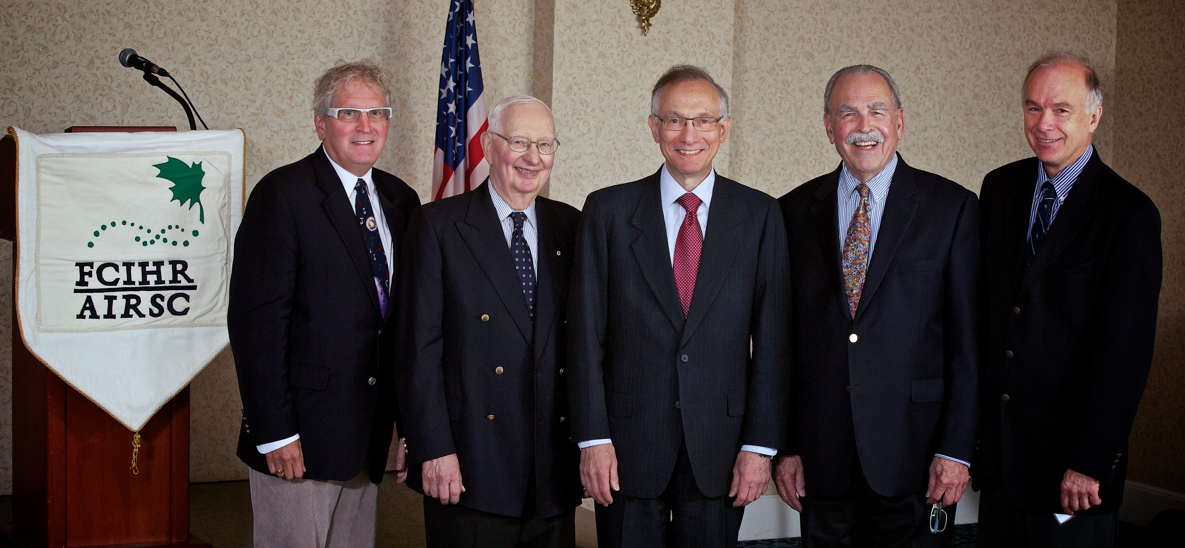 Platform Party - 2013 Leaders' Breakfast - Left to Right: Dr. Bruce McManus, VP FCIHR; Dr. Henry G. Friesen, Distinguished Professor Emeritus (U Manitoba); 2013 Friesen Prizewinner Dr. Harvey V. Fineberg, President of the U.S. Institute of Medicine; Dr. Aubie Angel, President of FCIHR, Dr. Alex Mackenzie, Secretary, FCIHR.